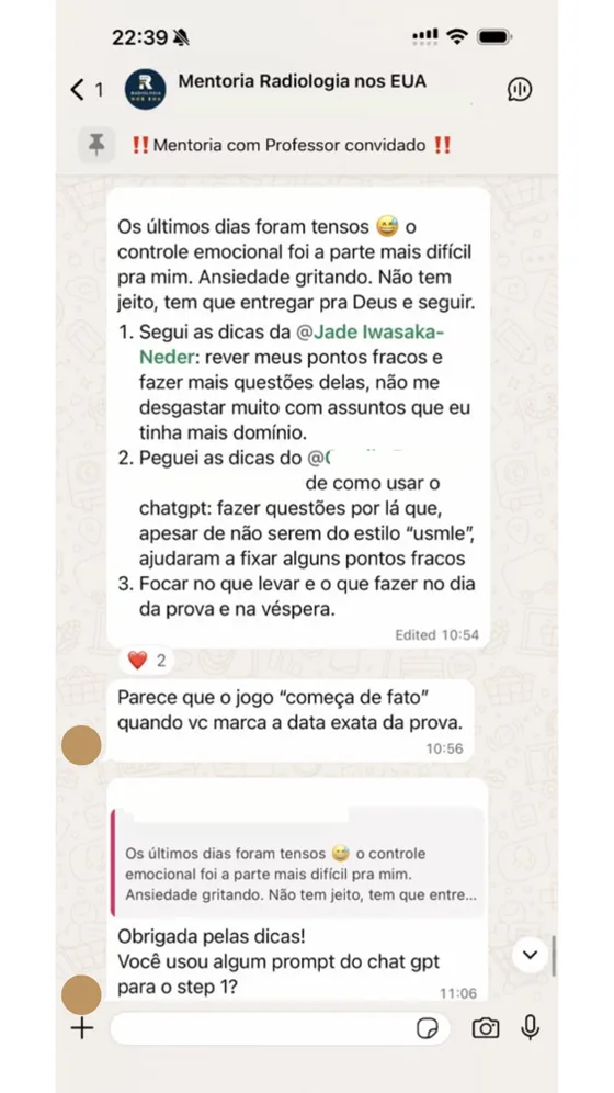 Print de conversa do grupo de mentoria